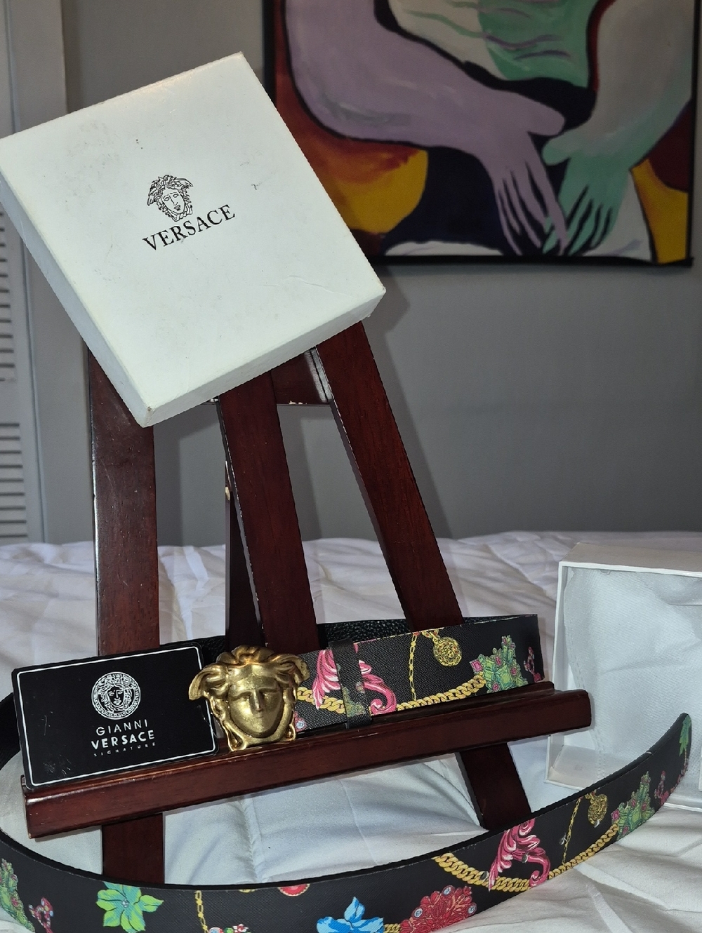 Versace Black Leather Belt with Gold Medusa Buckle and Floral Print